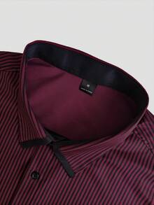 Calvornis Men's Fashionable Business Casual Printed Stripe Long Sleeve Shirt, For Fall, Formal - Burgundy - View 4