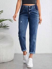 SHEIN 孕婦高腰牛仔褲男友風寬鬆款 - 深色水洗藍 - 查看 5