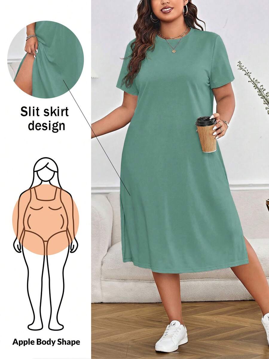 Shapeblank 大码女式纯色圆领短袖休闲连衣裙 - 綠色 - 查看 1