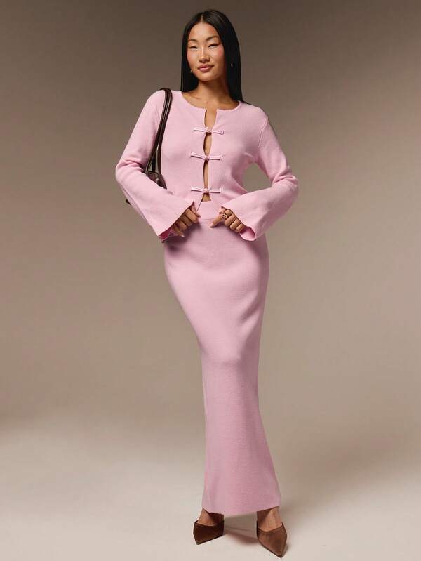 COSMINA Women's Knitted Set Round Neck Long Sleeve Chinese Frog Button Design Style Romantic Elegant Top And Skirt Autumn/Winter Outfit Soft Pink Brunch