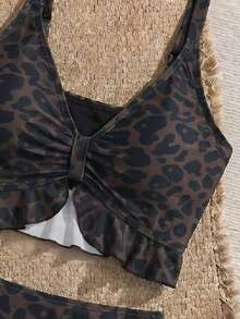 Swim Lushoire 女款海灘度假風荷葉邊抽繩性感豹紋細肩帶比基尼上衣 - 彩色 - 查看 3