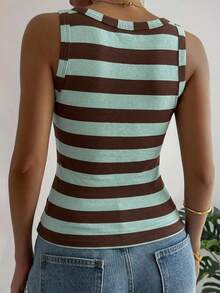 DAZY Tank Top Minimalis Bergaris Warna Blok untuk Wanita, Cocok untuk Pemakaian Sehari-hari - Biru - View 2