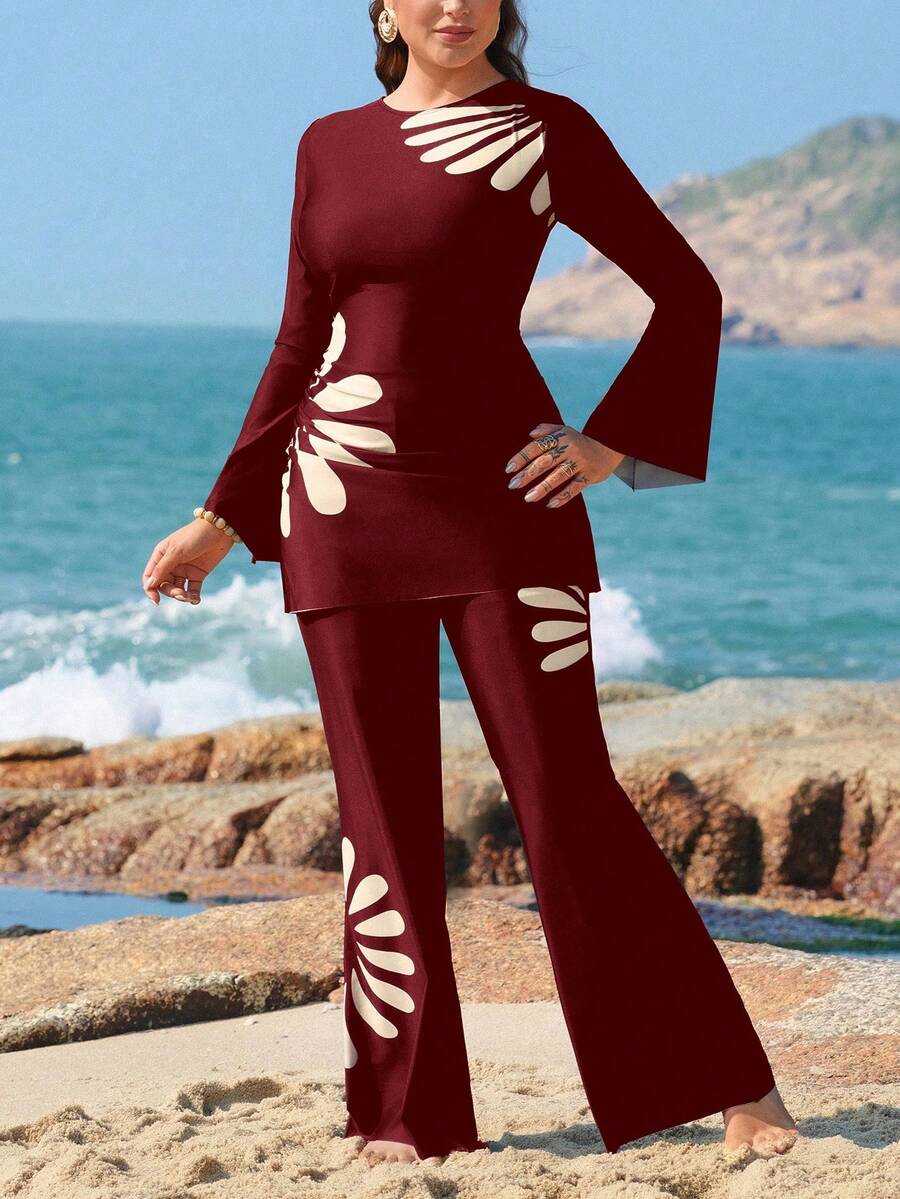 SHEIN Swim 大尺碼女款 2 件式長袖長褲布基尼泳衣 米色數位印花 度假派對夏季優雅風 - 酒紅色 - 查看 1
