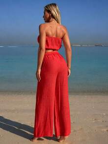 SHEIN Swim 兩件式純色女士泳衣套裝，無肩帶上衣搭配長褲，優雅熱帶歐式度假風，適合海灘度假，紅色夏季款 - 紅色 - 查看 3