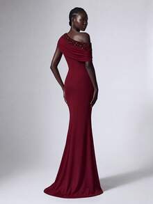 Elitara Elegant Sequin Patchwork Elastic Knit Asymmetric Ruffle Fishtail Maxi Dress, Women's Formal Evening Gown Wedding Party - Burgundy - View 2