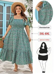 SHEIN CURVE+ Plus Size Curve Size US22 Music Festival, Seaside Vacation, Bohemia Ditsy Floral Vacation Casual Dress, Waist Cinched With Ruffle Hem Bohemian Curve Casual Summer Dress For Women - Green - View 7