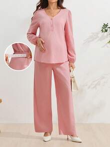 SHEIN 孕婦純色哺乳上衣可調腰帶休閒日常2件套 - 粉色 - 查看 8