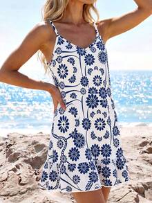 SHEIN LUNE Vestido camisola mini con estampado y volantes en el bajo para mujer - Multicolor - Ver 1