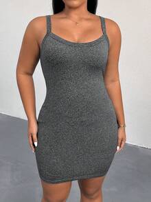 SHEIN Essnce Plus Size Women's Spring/Summer Fashion Casual Black Grey Spaghetti Strap Short Dress 2pcs Fitted Bodycon Outing Outfit Base Layer Business Dark Green - Multicolor - View 9