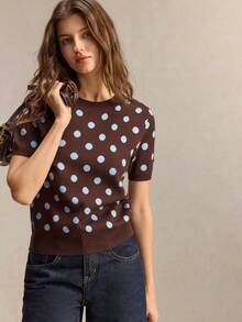 BizChic Atasan Rajut Wanita Motif Polkadot Kasual Serbaguna untuk Pemakaian Sehari-hari - Coklat - View 6