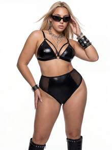 SHEIN 性感系列PU皮革拼接加大码连体衣 - 黑色 - 查看 3