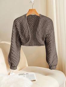 SHEIN PETITE 純色休閒秋冬女款長袖抓絨外套，小碼，可愛風格 - 棕色 - 查看 4
