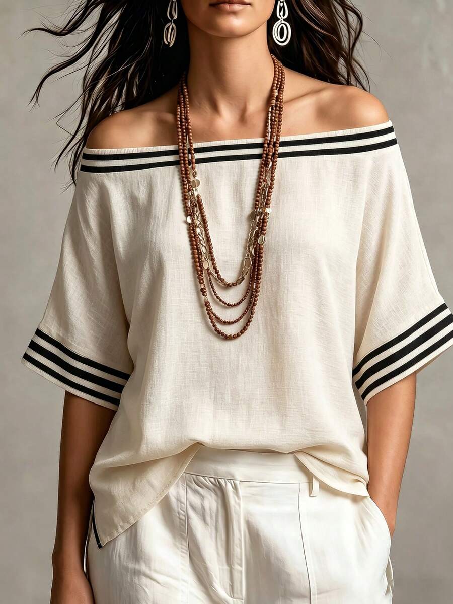 SHEIN Holidaya Linen Off-Shoulder Striped Top, Vacation Style Loose Cover-Up, French Slouchy Contrast Striped Cover Up, Linen Off-Shoulder Batwing Sleeve Top, Beach Vacation Off-Shoulder Linen T-Shirt, Relaxed Beige Striped Off-Shoulder Shirt, Mediterranean Style Striped Top, Loose Batwing Sleeve Linen Vacation Shirt, High-End Contrast Striped Off-Shoulder Top, Beach Top, Holiday Shirt