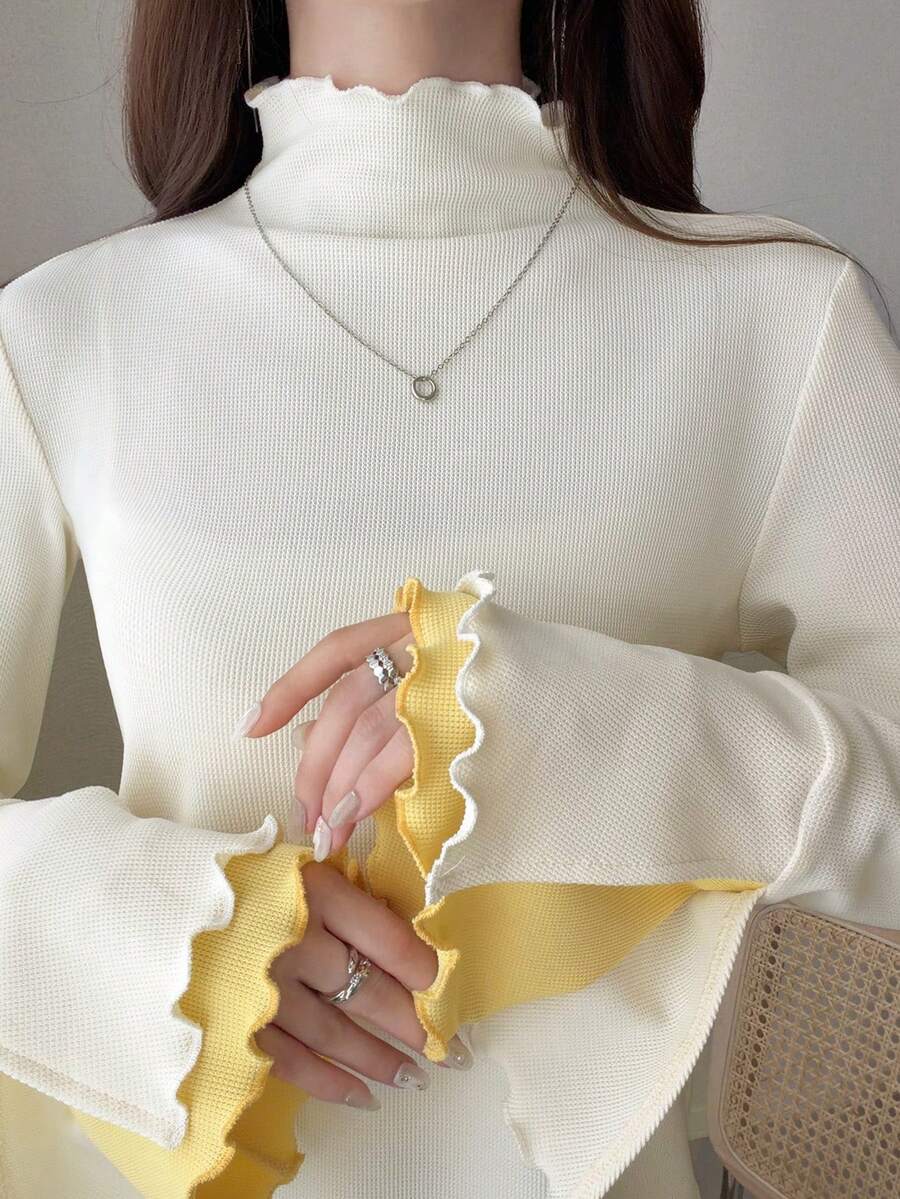 FRIFUL 女款波浪荷葉邊條紋寬鬆對比邊短袖T恤,夏季休閒上衣長袖 - 米色 - 查看 1