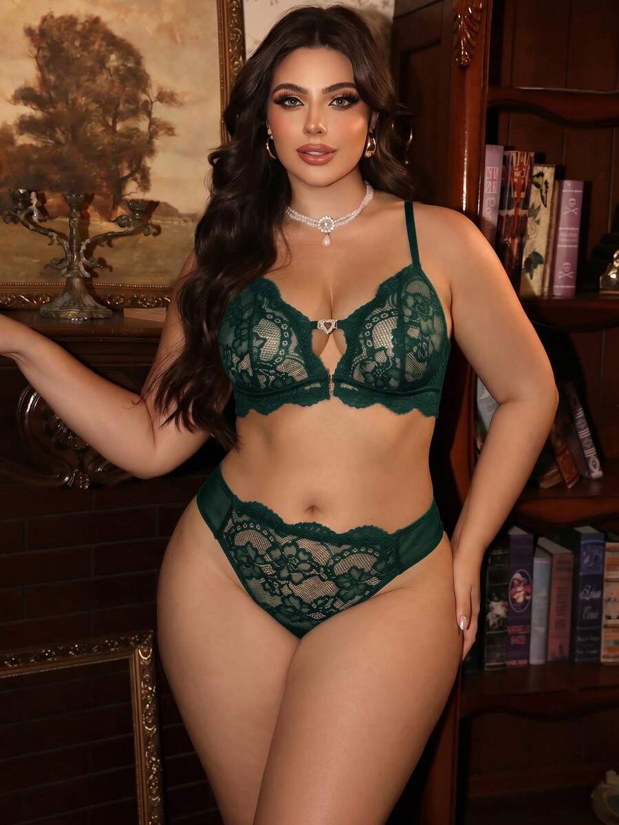 Divavoom 2件裝蕾絲前扣式無鋼圈大尺碼女款內衣 - 墨綠色 - 查看 1