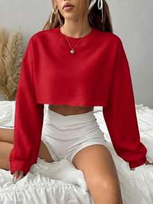 SHEIN EZwear 女款純色百搭極簡短版長袖運動衫，適合日常穿著 - 紅色 - 查看 1