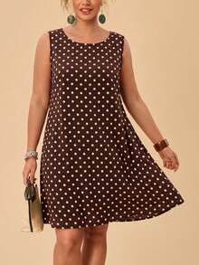 Travachic Women's Plus Size Casual 1950s Vintage Minimalist Versatile Polka Dot Pattern Round Neck Sleeveless Dress, Suitable For Summer Vacation - Brown - View 6
