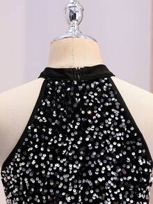 Vestido formal elegante y lujoso de cuello redondo negro con lentejuelas y malla ajustado para niñas preadolescentes, adecuado para fiesta de noche, banquete, Navidad, boda, niña de las flores, baile de graduación, vacaciones, temporada de graduación, regreso a la escuela y otras ocasiones - Negro - Ver 6