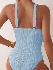 Swim Basics 女士纯色V领休闲度假沙滩泳池连体泳衣 - 藍色 - 查看 2