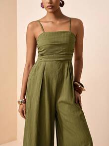 Zivah Women Olive Green Summer Casual Vacation Holiday Jumpsuit, Spaghetti Strap Front Ruched Real Pockets Loose Wide Leg Pants, Vertical Texture Fabric - Army Green - View 9