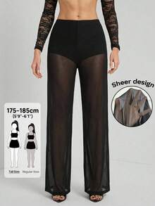 SHEIN Tall 女款黑色透視網紗優雅上班長褲 - 黑色 - 查看 1