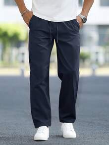 Manfinity Homme Solid Color Versatile Drawstring Pocket Casual Pants - Navy Blue - View 7