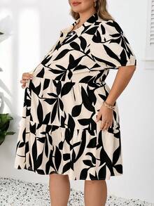 SHEIN CURVE+ 大尺碼US22音樂節海邊度假波希米亞風女款花卉豹紋短澎澎袖單排扣時尚襯衫洋裝 - 彩色 - 查看 10
