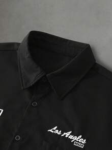 PAVTROS 男士刺繡時尚單排扣短袖襯衫與抽繩腰口袋短褲套裝 - 黑色 - View 4