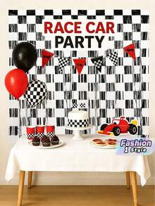 1 Or 2 Pieces Set Of Racing-Themed Metal Wire Curtains, Black-And-White Checkered Fringed Curtains, Racing-Themed Birthday Party Decorative Curtains, "Start The Race" Party Backdrop, Indoor/Outdoor Party Backdrop Decorations, And Photo Props - View 1