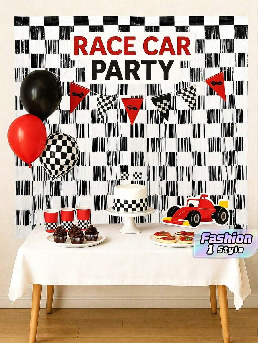 1 Or 2 Pieces Set Of Racing-Themed Metal Wire Curtains, Black-And-White Checkered Fringed Curtains, Racing-Themed Birthday Party Decorative Curtains, "Start The Race" Party Backdrop, Indoor/Outdoor Party Backdrop Decorations, And Photo Props - View 1