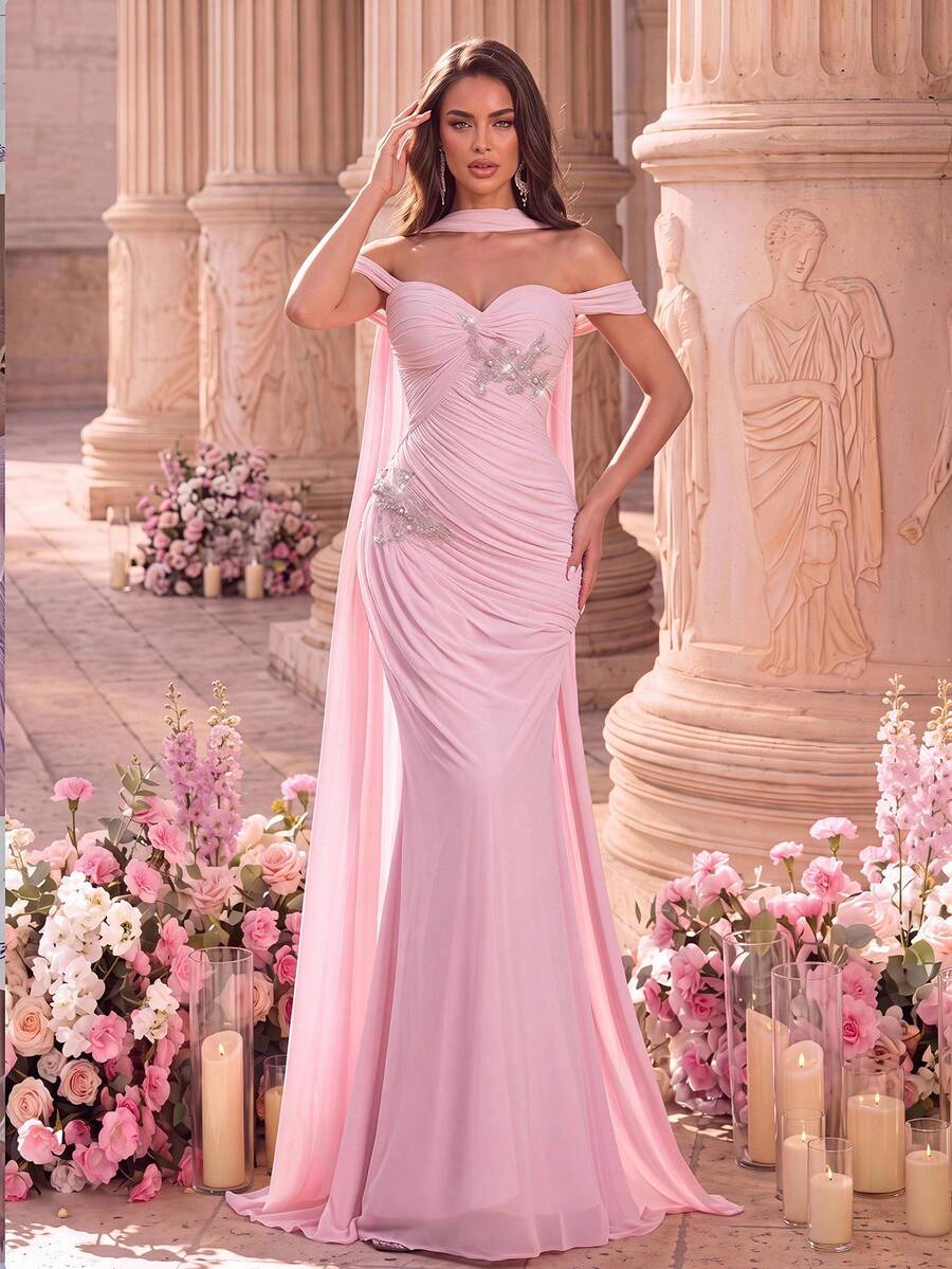Glamrae Elegant Pink Elastic Mesh Heart Neckline Ruched Crystal Applique Mermaid Evening Gown With Train, Backless Ruffle Hem, Summer Wedding Guest Dress
