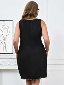 Miaspire Plus Size Women's Summer Casual Elegant Teachers' Day Elegant Black Embroidered Trim Short Dress, Going Out Evening Office Cocktail Brunch, Formal - Black - View 2