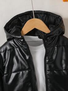 SHEIN 男童黑色皮革連帽填充外套，休閒日常穿著，適合通勤、戶外活動、短途旅行、公園遊玩，冬季新品 - 黑色 - 查看 7