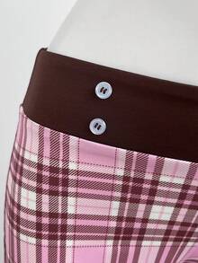 Elamini Sexy Preppy Cute Plaid Patchwork Low Waist Summer Shorts For Hot Girl Gym Brown Plaid - Multicolor - View 3