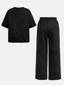 SHEIN Tween Girl 休閒日常時尚短版短袖上衣與長褲套裝 - 深灰色 - 查看 2