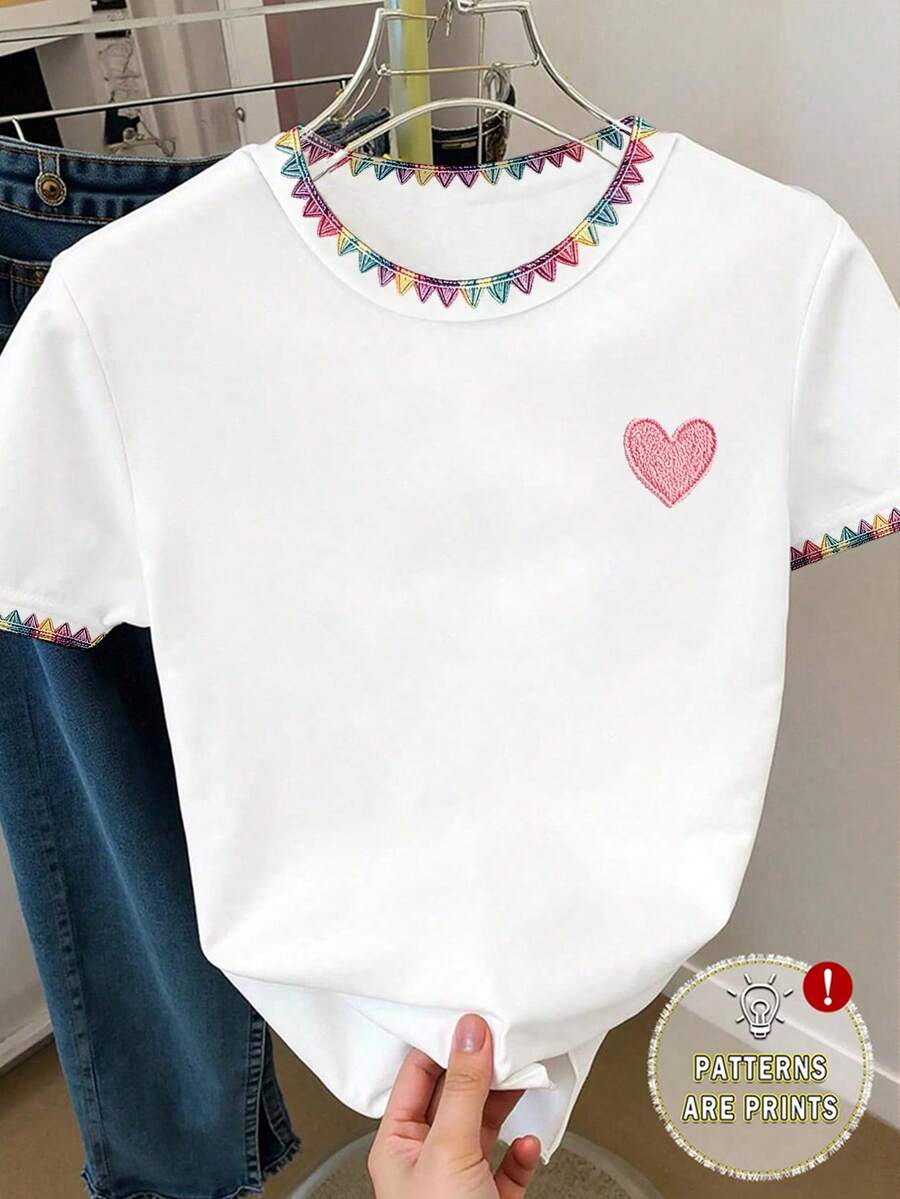 Elladie kids (1 قطعة) تي شيرت قصير أساسي للبنات بتصميم بسيط منعش مع ياقة وخطوط ملونة متموجة ونقشة قلب، مريح للارتداء اليومي - متعدد الألوان - مشاهدة 1