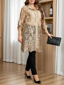 Reflora Plus Size Women's Floral Mesh Ruffle Sleeve Long Elegant Blouse - Khaki - View 7