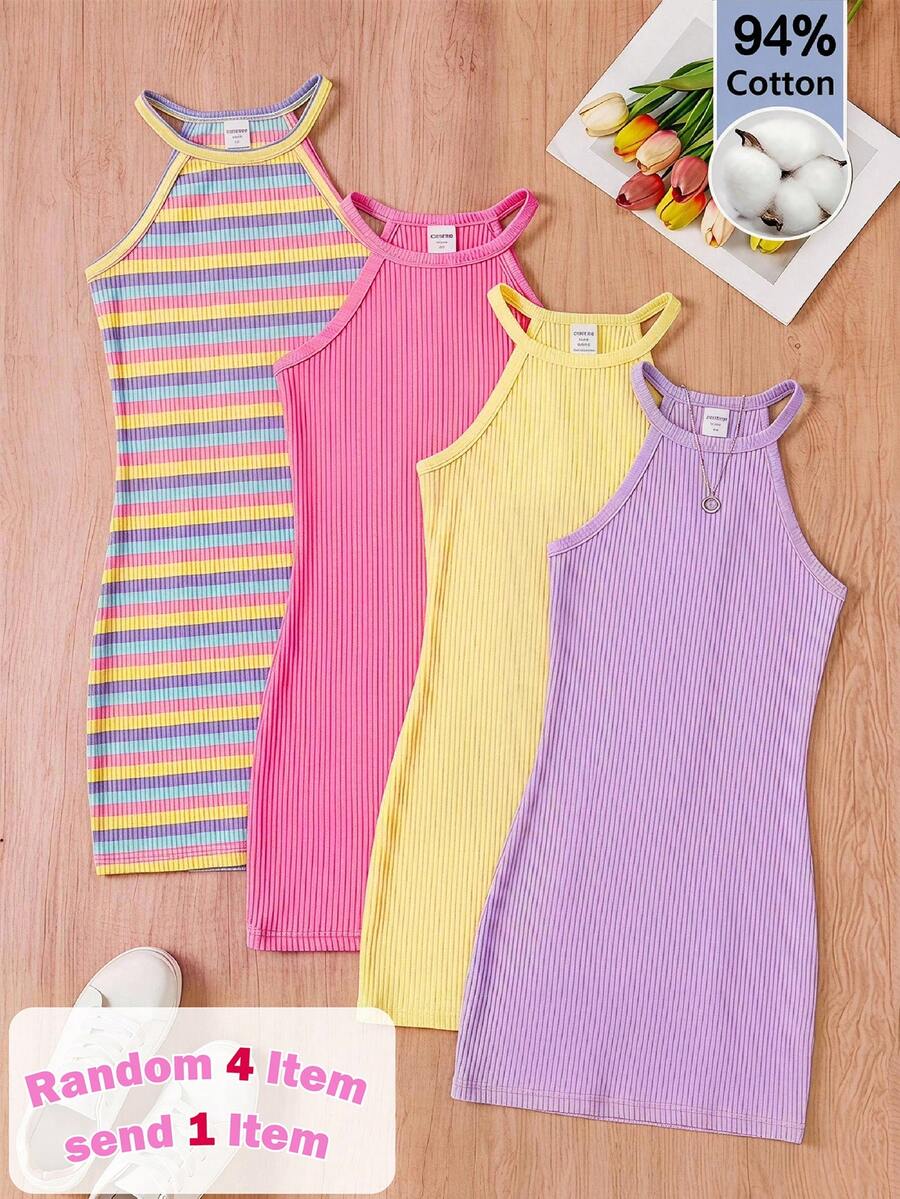 SHEIN Vestido casual de cuello halter acanalado para niña preadolescente