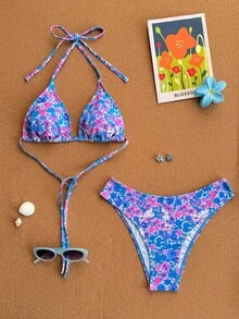 Swim Mod 2026春夏女士波点印花挂脖泳衣，高衩泳裤，两件套比基尼，度假比基尼，花朵比基尼，比基尼上衣，日光浴比基尼，花卉比基尼 - 彩色 - 查看 2