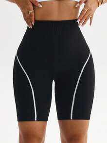 Rhythm Era 1 pieza Pantalones cortos de mujer de talla grande sin costuras con cintura alta y líneas cruzadas para entrenamiento, running, fitness, yoga y ciclismo - Blanco y Negro - Ver 6