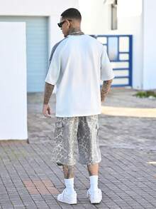 Devon Thys Vintage Leopard Print Cargo Shorts With Multiple Pockets, Letter & Music Note Graphic Design, Loose Fit Straight Leg, Casual Street Style, Summer - Khaki - View 4