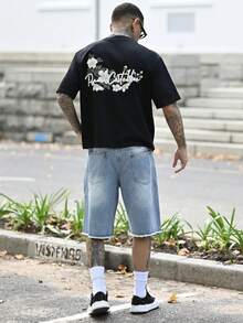 Devon Thys 年轻男士宽松浅色印花阔腿街头风格牛仔短裤 - 淺色水洗藍 - 查看 2