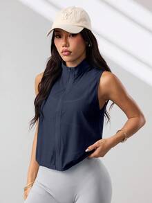 Dewbera Dewbera Chaqueta deportiva tipo chaleco con cremallera y color liso para mujer - Azul Marino - Ver 5
