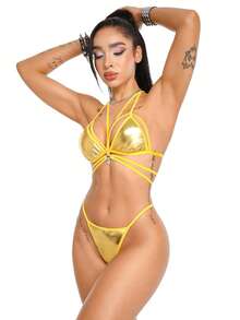 AltBold Women's Colorblock Halter Top And Triangle Panty Sexy Everyday Lingerie Set - Yellow - View 3
