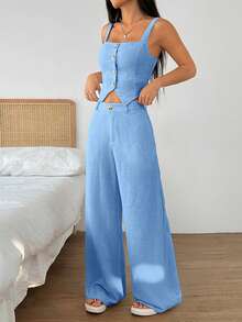 SHEIN EZwear 女款夏季休閒淺藍色方領鈕扣背心＋寬鬆寬腿長褲兩件套 度假穿搭 - 藍色 - 查看 3