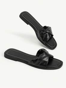 CUCCOO CHICEST Square Toe Kinked Slippers Women's Summer Wear Black Flat Bottom Drag Soft Leather Slouchy Beach Shoes - Black - View 6