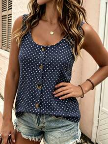 EMERY ROSE Plus Size Women's Polka Dot Contrast Color Round Neck Button Camisole, Round Neck Button Strap Vest Top Suitable For Casual Daily Wear - Multicolor - View 3