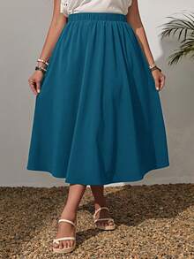 Rusticease Plus Size Solid Color Casual Versatile Vacation Skirt - Blue Day - View 4