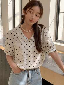 DAZY Polka Dot Puff Sleeve Blouse - Beige - View 7