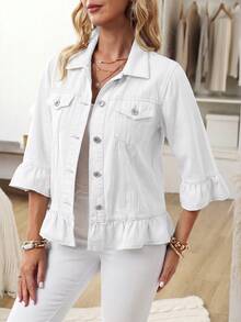 EMERY ROSE Chaqueta de Mezclilla de unicolor Versátil y Casual Talla Grande - Blanco - Ver 6